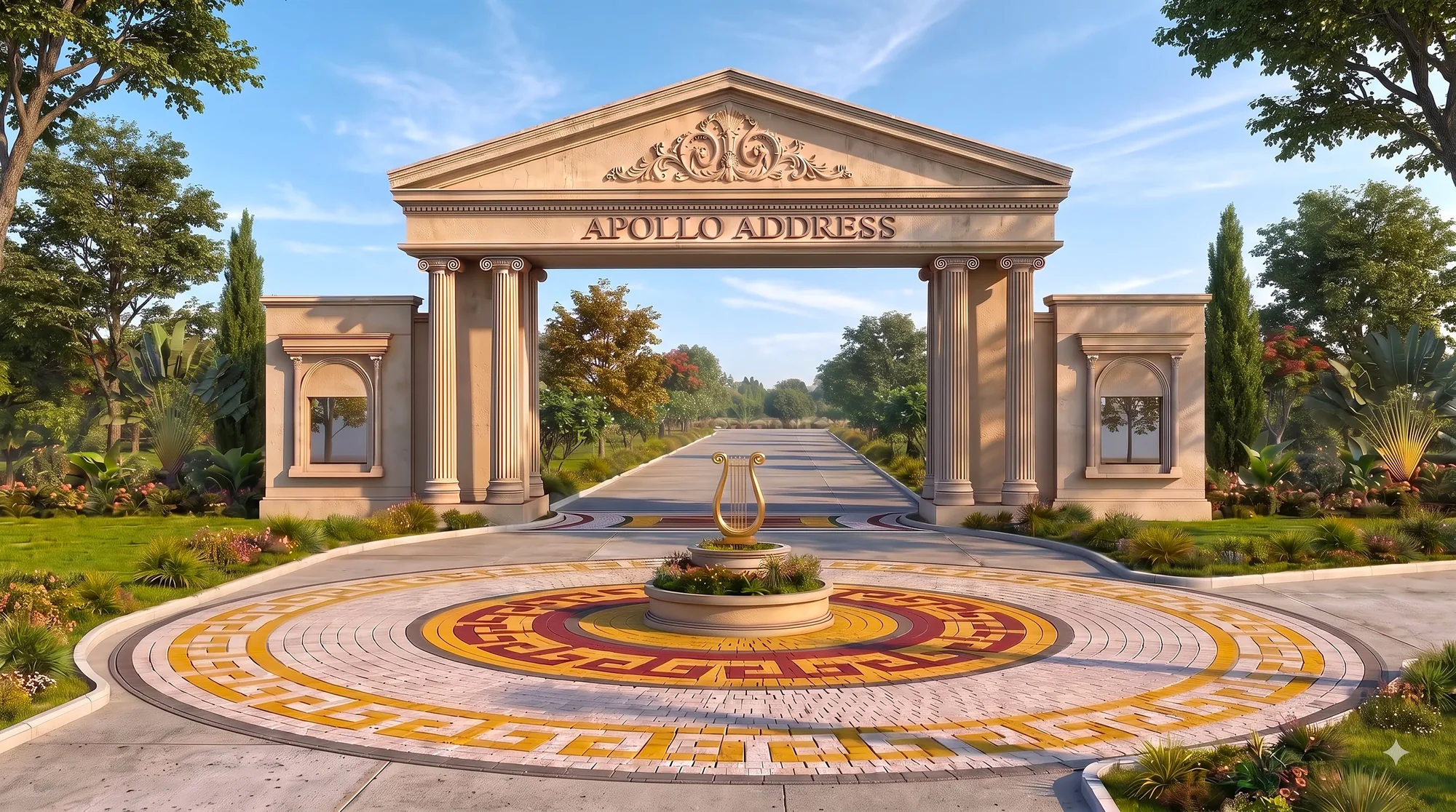 The grand entrance arch at Apollo Address, off Nelamangala Road