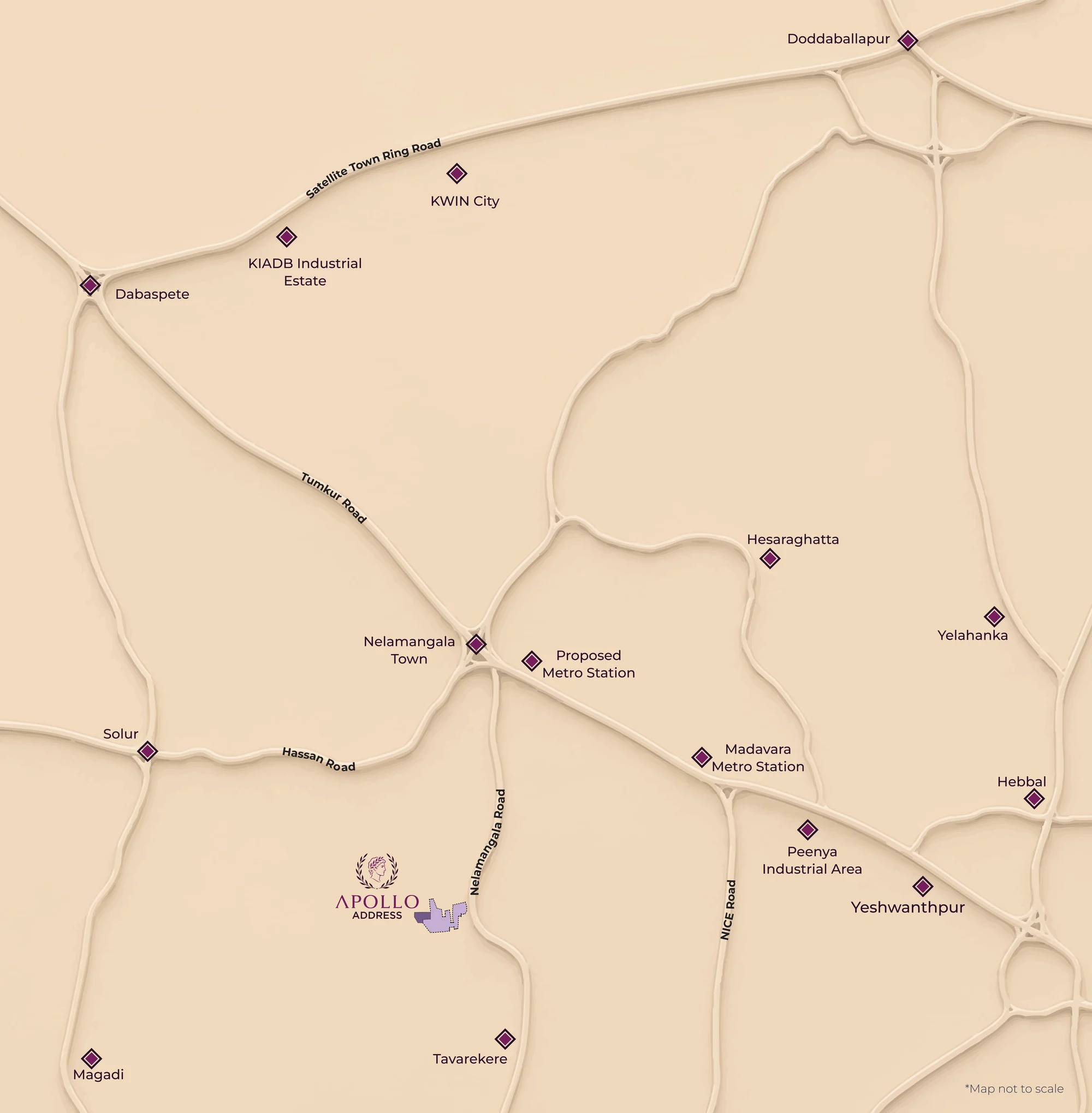 Apollo Address location map, off Nelamangala Road in North-West Bengaluru